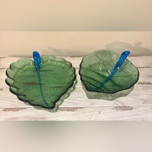 Vintage Art Glass Leaf Plate and Bowl by Dynasty Gallery Green Blue EUC